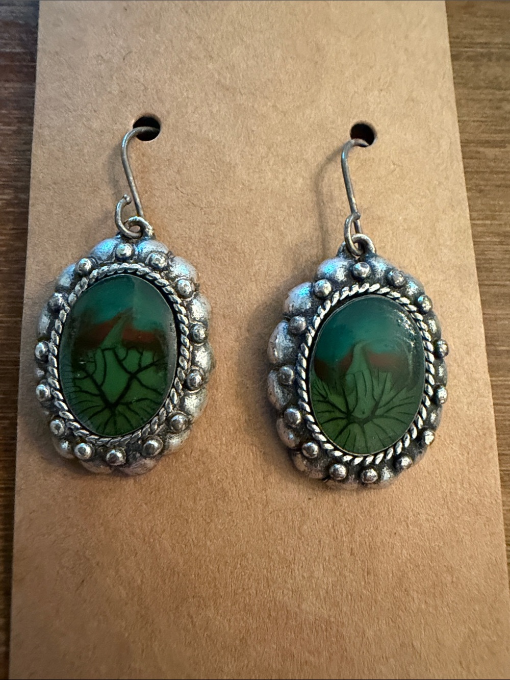 Vintage Chicos Green Glass & Silvertone Oval Drop Earrings With Little Red Birds